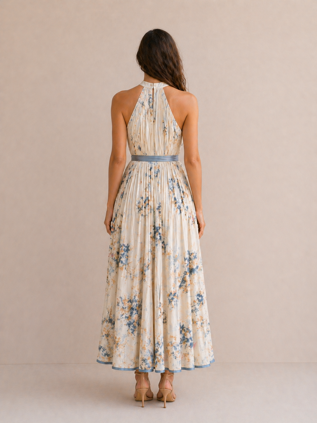 Élise | Robe Fluide Plissée Imprimé Floral Céleste