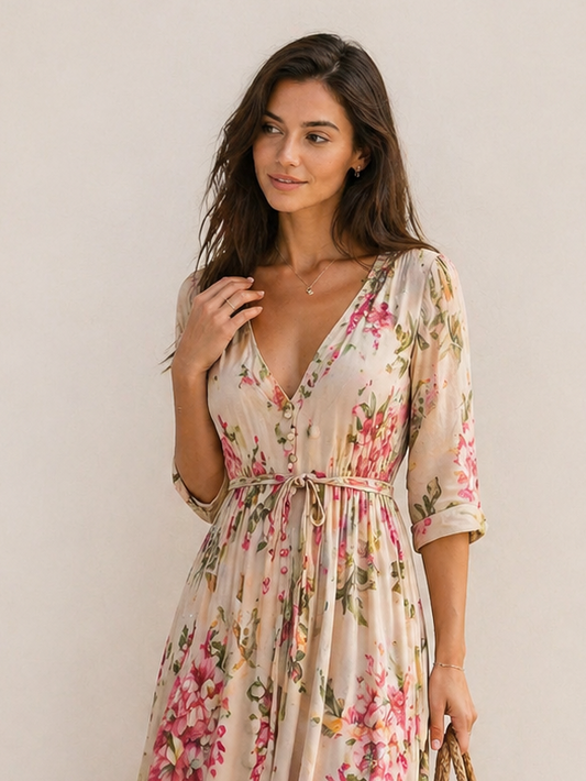 Amélia | Robe Fluide Imprimé Floral Rosé Raffiné