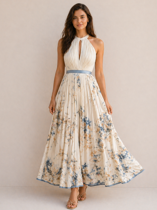 Élise | Robe Fluide Plissée Imprimé Floral Céleste