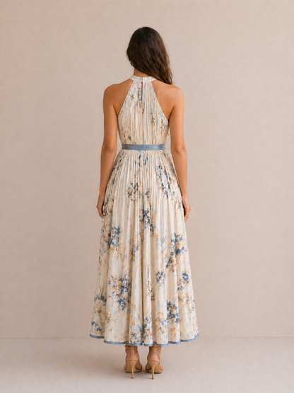 Élise | Robe Fluide Plissée Imprimé Floral Céleste