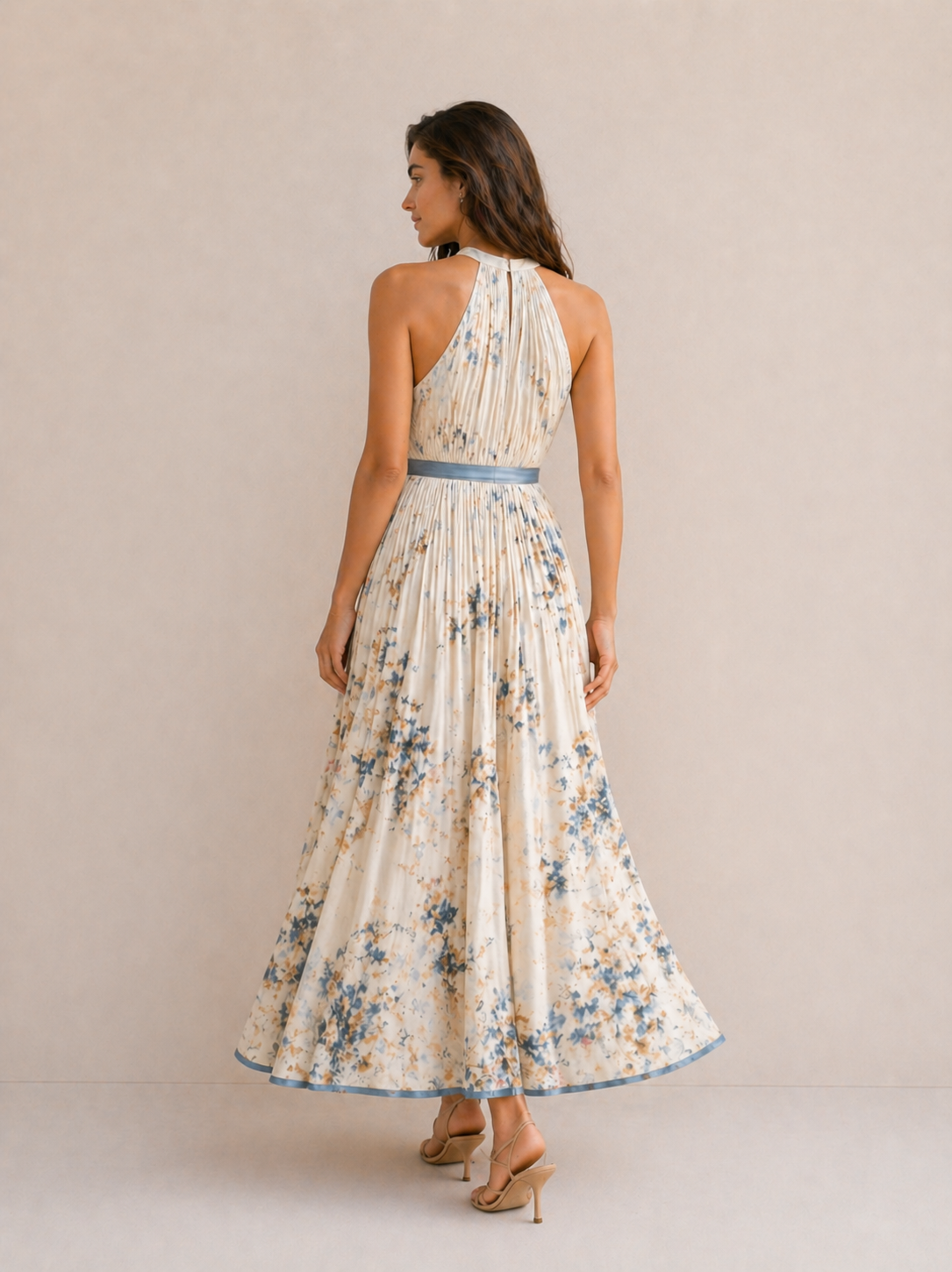 Élise | Robe Fluide Plissée Imprimé Floral Céleste