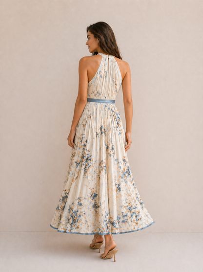 Élise | Robe Fluide Plissée Imprimé Floral Céleste