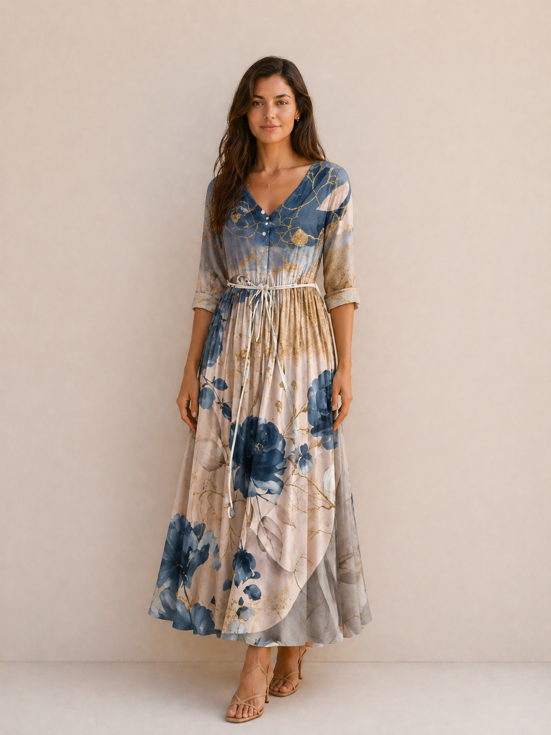 Louise | Robe Fluide Imprimé Floral Bleu Élégant