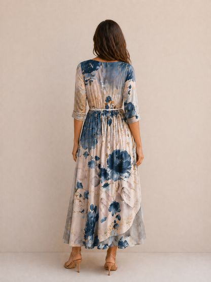 Louise | Robe Fluide Imprimé Floral Bleu Élégant