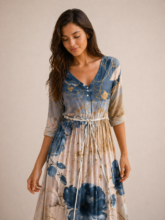 Louise | Robe Fluide Imprimé Floral Bleu Élégant