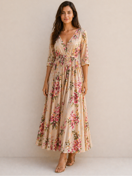 Amélia | Robe Fluide Imprimé Floral Rosé Raffiné