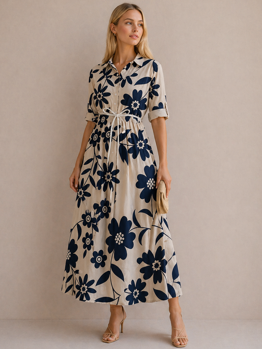 Anna | Robe Fluide Imprimé Floral Bleu Élégant