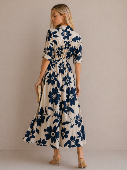 Anna | Robe Fluide Imprimé Floral Bleu Élégant