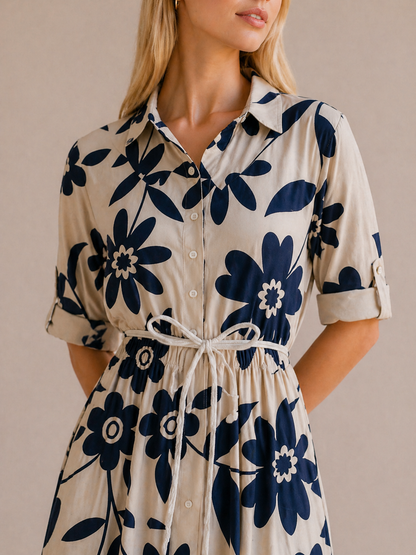 Anna | Robe Fluide Imprimé Floral Bleu Élégant