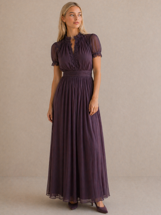 Mara | Robe Longue Élégante Violet Col Goutte Dentelle