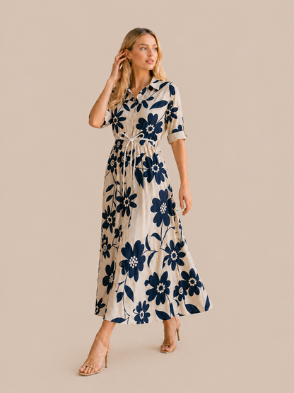 Anna | Robe Fluide Imprimé Floral Bleu Élégant